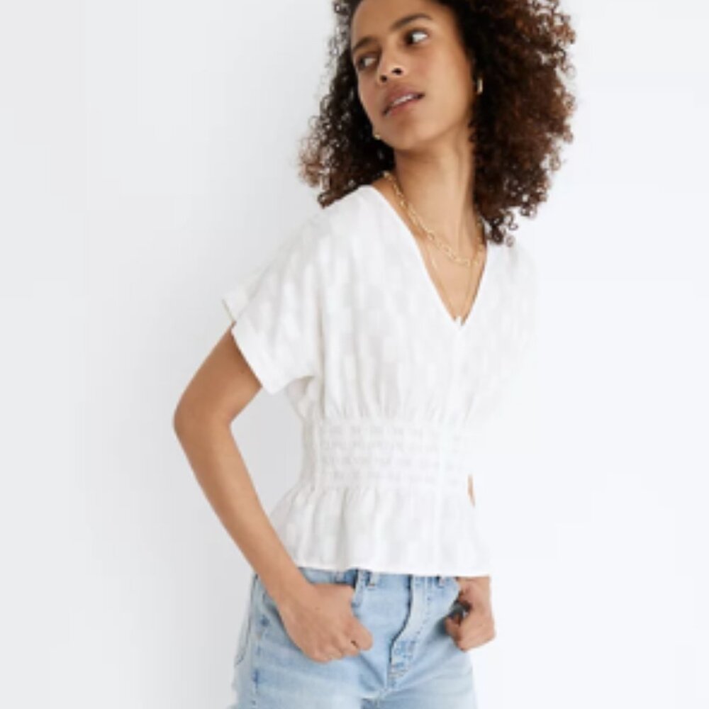 Madewell: V-Neck Smocked Waist Pull-over Top, Size L, White - Picture 2 of 8